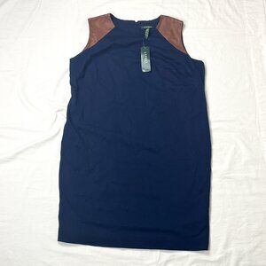 NWT Lauren Ralph Lauren Plus Size 18W Capri Navy Blue Sheath Dress Brown Leather